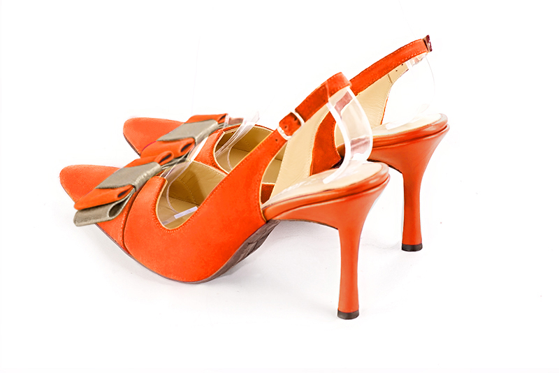 Clementine orange and gold women's open back shoes, with a knot. Tapered toe. Very high spool heels. Rear view - Florence KOOIJMAN